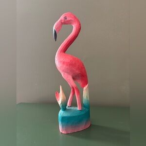 Vibrant Hand Carved and Painted Wood? Flamingo Sculpture Made In Indonesia 11.5”